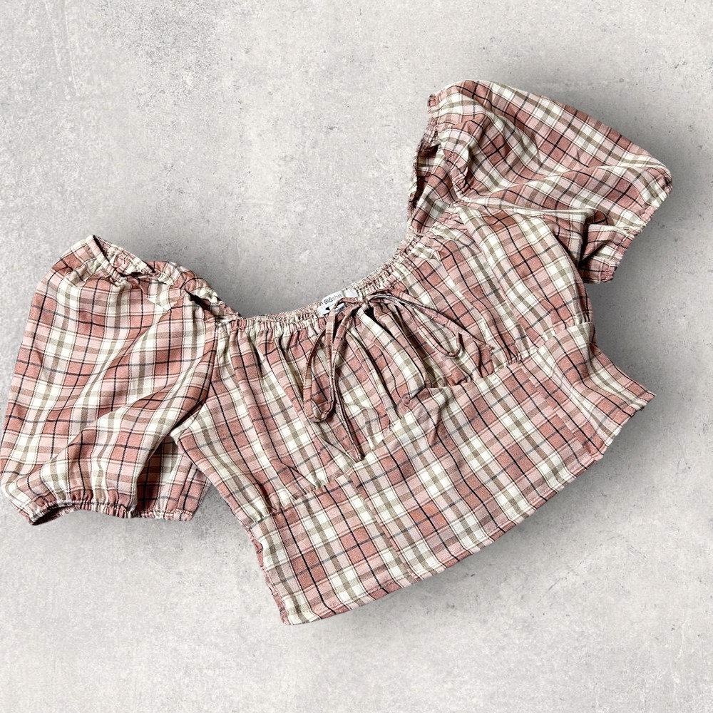 Blashe Plaid Crop Top Women L Puff Sleeve Tie Front Smocked Prairie Festival